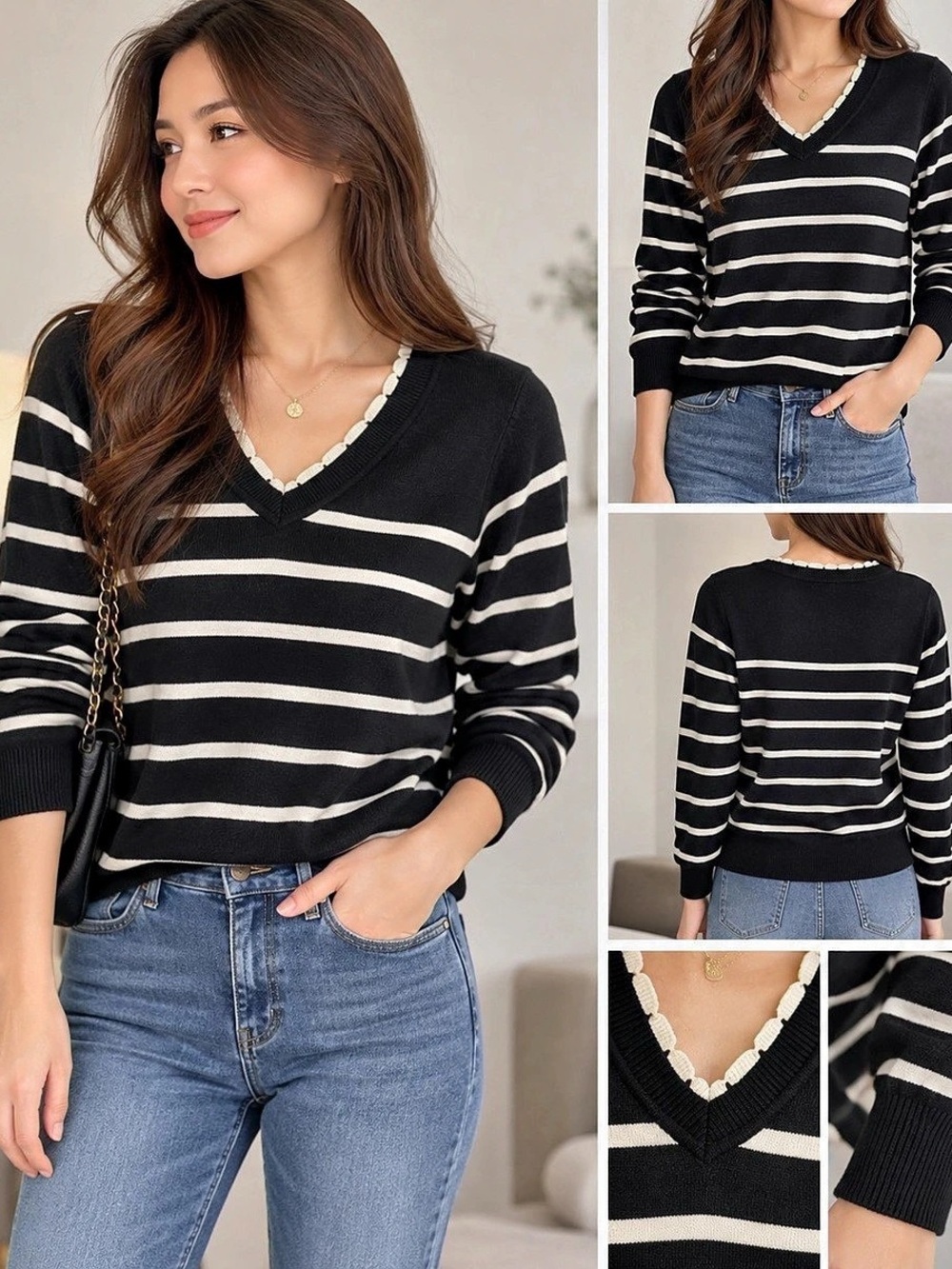 Cielo Women’s Black White Striped V-Neck Sweater Size M NWT